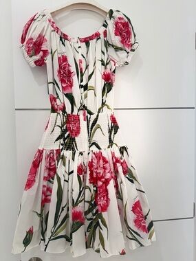 White Floral Smocked Waist Dress with Pink Blooms